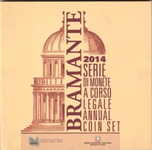 2014 Italia divisionale 10 valori FdC con 2€ commemorativo Galileo Galilei e 5€ arg Bramante