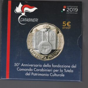2019 Italia € 5 50° fondazione Carabinieri per la tutela patrimonio culturale Bimetallica Proof
