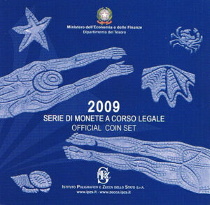 2009 Italia divisionale 10 valori FdC con 2€ commemorativo EMU Unione Economica e Monetaria e 5€ arg Campionati Mondiali di Nuoto