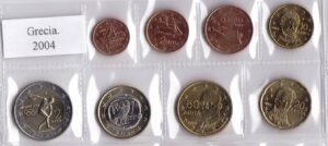 2004 Grecia Serie annuale 8 valori sfusi con 2€ comm. Discobolo