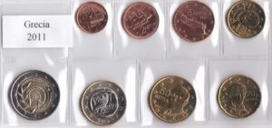 2011 Grecia Serie annuale 8 valori sfusi con 2€ comm.  Olimpiadi Speciali