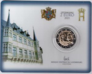 2021 Lussemburgo € 2 40° Anniversario Matrimonio Granduca Henri e Granduchessa Maria Teresa - € 2 100° Nascita Granduca Jean due Card - immagine 2