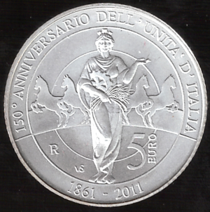 2011 Italia € 5 Unità d'Italia moneta in capsula