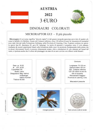 2022.10 Austria € 3 Dinosauri Colorati Microraptor Aggiornamento