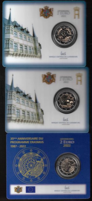 2022 Lussemburgo € 2 Tris Card 10° anniversario matrimonio Gran Duca - 50° anniversario bandiera - Programma Erasmus