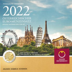 2022 Austria divisionale 8 valori ( 7 monete da 0,01 € a 1 € + 2 € commemorativo Erasmus )