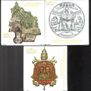 2021 Vaticano € 5 + 10 +10 SS. Pietro e Paolo, Università, UNESCO Trittico Argento e Oro