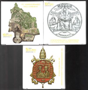 2021 Vaticano € 5 + 10 +10 SS. Pietro e Paolo, Università, UNESCO Trittico Argento e Oro