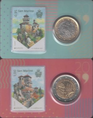 2019 San Marino € 1 e € 2 stamp e coincard non commemorativi