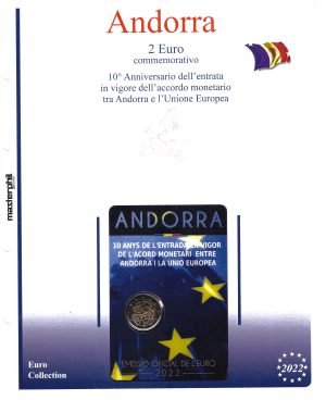 2022 Andorra € 2 Aggiornamento Masterphil 10° anniversario Accordo Monetario Andorra e UE