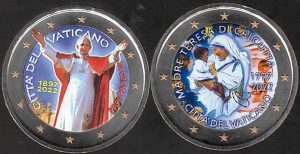 2022 Vaticano € 2 Madre Teresa di Calcutta + € 2 Giovanni Paolo II la coppia colore