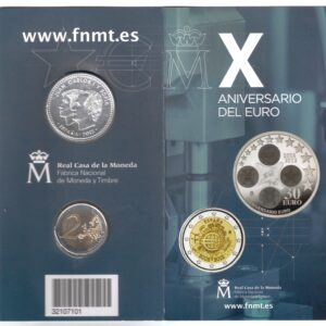 2012 Spagna € 2 10° Anniversario EUro + 30 euro argento in blister Fondo Specchi - Proof