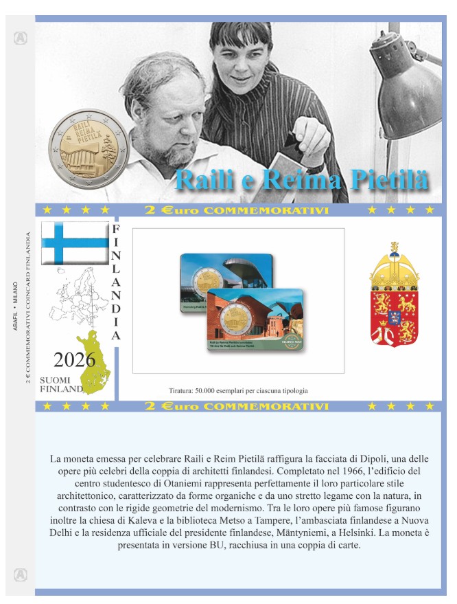 2026 Finlandia € 2 Architettura Card versione singola Aggiornamento Abafil